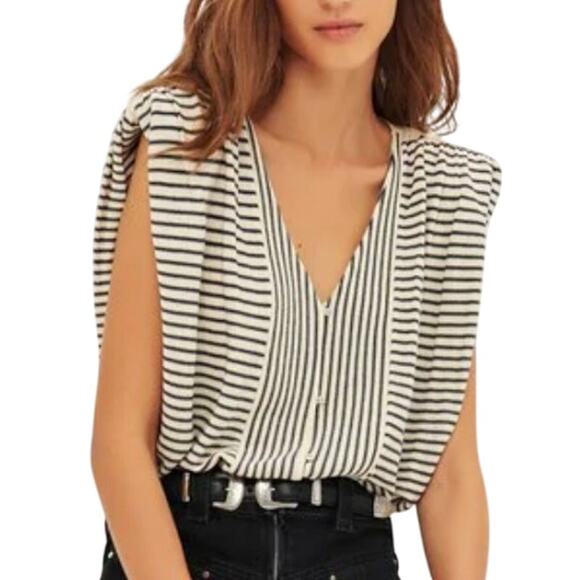 BA&SH S Lony Vest Black Cream Striped Button Knit Top Sleeveless - Picture 1 of 10